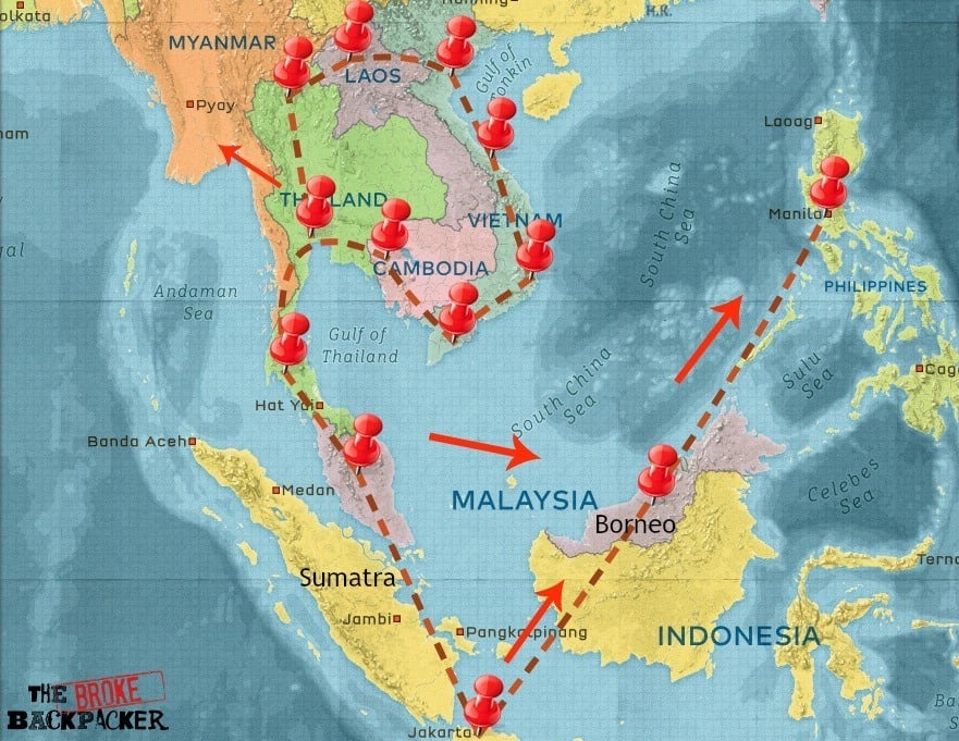 东南亚6个月背包旅行路线地图