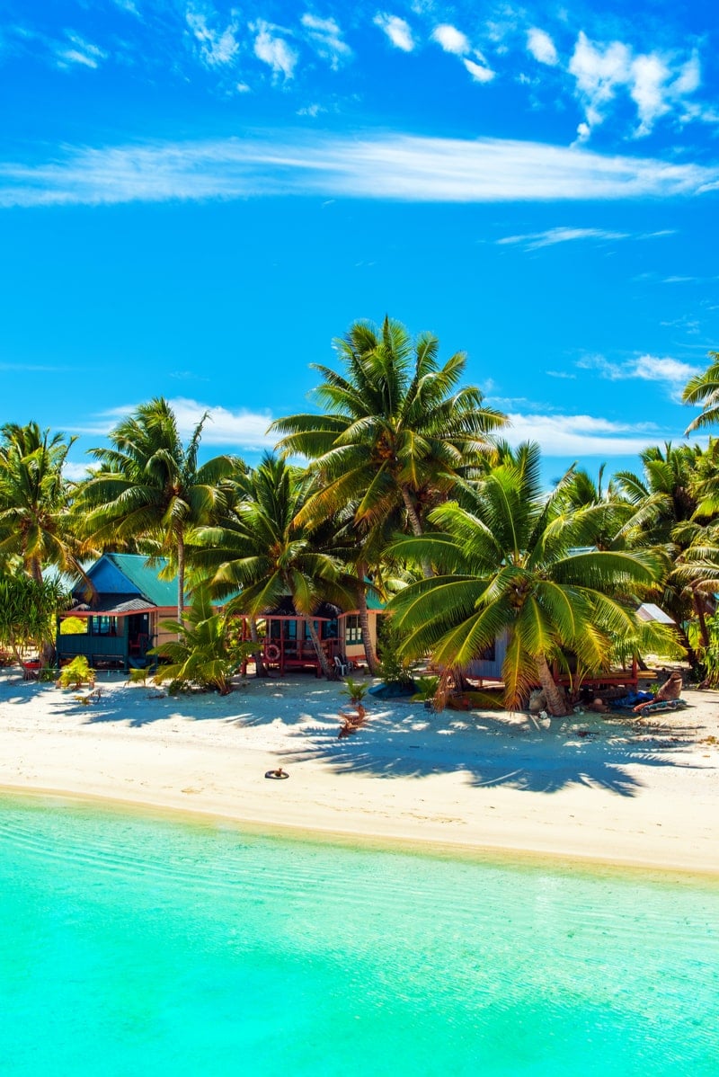 库克群岛的热带海滩上有棕榈树和水晶般的蓝色海水